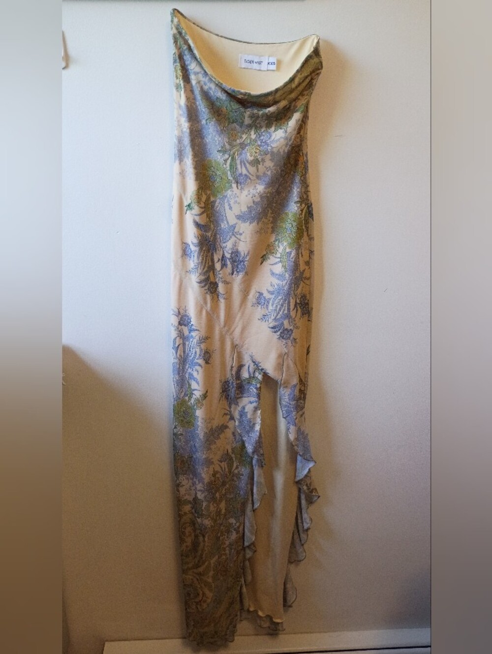 Tiger Mist Cream Strapless Floral Maxi Dress with Blue & Green Print